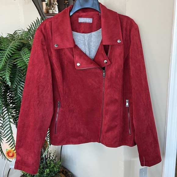 Brand New Bagatelle Cherry Red Draped Zippered Faux Suede Moto Jacket - Picture 14 of 16
